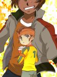  bad_id bou_erika brown_eyes brown_hair crossover dual_persona endou_mamoru gloves goalkeeper grin headband highres inazuma_eleven inazuma_eleven_(series) inazuma_eleven_go inazuma_japan jacket looking_back male short_hair smile soccer_uniform 