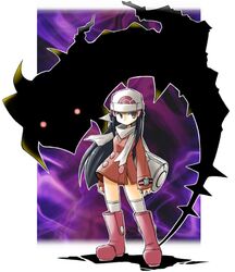  1girl alternate_costume bag beanie black_hair boots giratina glowing glowing_eyes grey_eyes hat hikari_(pokemon) hikari_(pokemon)_(remake) kneehighs long_hair platinum_berlitz pokemon pokemon_(creature) pokemon_(game) pokemon_dppt pokemon_special poketch rascal red_eyes scarf serious watch winter_clothes wristwatch 