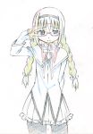  akemi_homura arm_behind_back blond_hair blue_eyes blush braid color_trace colored_pencil_(medium) crossover glasses key_frame kiraboshi_(star_driver) mahou_shoujo_madoka_magica pantyhose pose production_art red-framed_glasses sey shy solo star_driver traditional_media v_over_eye 