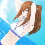  armpits arms_up bikini blue_eyes breasts brown_hair cloud clouds hair_up long_hair makise_kurisu masato_(pixiv) mouth_hold navel ponytail sky solo steins;gate swimsuit water zipper 