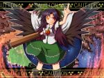  arm_cannon black_hair breasts cape caution_tape dash_(rararu) glowing_eyes grin long_hair radiation_symbol red_eyes reiuji_utsuho smile solo touhou weapon wings 