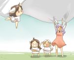  animal_ears apron bed_sheet blush blush_stickers brown_hair bunny_ears bunny_tail child closed_eyes eyes_closed grin houraisan_kaguya inaba_tewi koyama_shigeru lifting long_hair multiple_girls open_mouth purple_hair red_eyes reisen_udongein_inaba short_hair silver_hair smile tail touhou yagokoro_eirin young 