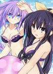  2girls ball belly_button bikini blue_eyes braid breasts choujigen_game_neptune crossover date_a_live long_hair looking_at_viewer meimu_(infinity) neptune_(choujigen_game_neptune) open_mouth purple_hair purple_heart ribbon star swimsuit tagme twin_braids twintails very_long_hair violet_eyes yatogami_tooka 