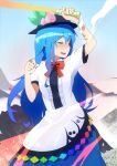  arm_up blue_hair blush closed_eyes dress eyes_closed food fruit hat hinanawi_tenshi long_hair open_mouth peach smile solo supi_(pixiv) sword sword_of_hisou tassel touhou weapon 