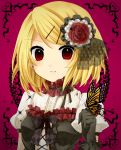  bad_id blonde_hair bow bowtie butterfly earrings flower gloves hair_ornament hairclip ichinose_yukino jewelry kagamine_rin red_eyes solo vocaloid yukinosetsu 