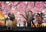  brown_eyes brown_hair casual cherry_blossoms dog festival hand_holding highres holding_hands original shimetta_oshime 