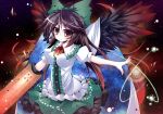  arm_cannon black_hair black_wings bow breasts cape frills futase_hijiri hair_bow impossible_clothes impossible_clothing long_hair red_eyes reiuji_utsuho skirt smile solo third_eye touhou weapon wings 