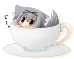  blush chibi cup dog_ears dog_tail girl_in_a_cup hairband in_container in_cup minigirl open_mouth original red_eyes shinshia silver_hair solo tail 