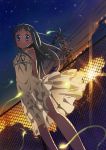  1girl blue_eyes bun150 chainlink_fence cloud clouds dress fence from_below grey_hair honma_meiko looking_at_viewer looking_down power_lines see-through sky smile solo star_(sky) starry_sky thigh_gap twilight white_dress 