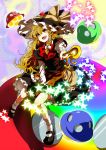  :d blonde_hair bobby_socks bow braid capelet footwear foreshortening hair_bow hat hat_ribbon highres kirisame_marisa long_hair mary_janes open_mouth ribbon ruchi shoes side_braid single_braid smile socks solo star touhou ufo very_long_hair wand witch witch_hat yellow_eyes 