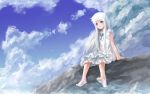  ano_hi_mita_hana_no_namae_wo_bokutachi_wa_mada_shiranai aqua_eyes barefoot clouds dress honma_meiko sky white_hair 