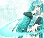 aqua_eyes aqua_hair bad_id detached_sleeves hatsune_miku highres long_hair microphone necktie outstretched_arm skirt solo twintails very_long_hair vocaloid 