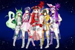  5girls :3 animal_ears asymmetrical_legwear bangs belt black_hair blue_hair blunt_bangs brown_eyes cosplay epaulettes ex-keine fujiwara_no_mokou green_hair hands_on_hips hat horns houraisan_kaguya inaba_tewi kamishirasawa_keine komaku_juushoku lavender_hair long_hair momoiro_clover_z multiple_girls pirate_hat rabbit_ears red_eyes reisen_udongein_inaba skirt skull_and_crossbones smile star tail touhou very_long_hair white_hair 