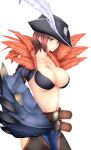  bat belt blush breasts brown_hair character_request cleavage crop_top feathers fedora garuda_(armor) grey_eyes hair_over_one_eye hat hat_feather highres large_breasts midriff monster_hunter monster_hunter_freedom monster_hunter_frontier navel open_mouth pink_hair profile shield short_hair side_slit simple_background smile solo standing transparent_background underboob yui0618 
