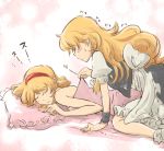  alice_margatroid black_dress blanket blonde_hair blush closed_eyes dress eyes_closed hairband incipient_kiss kirisame_marisa kneeling lying lying_on_stomach multiple_girls naked_sheet no_hat no_headwear non_(z-art) on_stomach peeking pillow sketch sleeping touhou under_covers yuri 