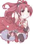  bare_shoulders blush boots darkside detached_sleeves grin hair_bow long_hair magical_girl mahou_shoujo_madoka_magica outline red_eyes red_hair redhead sakura_kyouko simple_background solo thighhighs 
