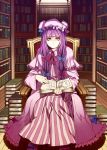  armchair bangs blunt_bangs book book_stack bookshelf bow capelet chair crescent dress hat highres indoors library long_hair looking_at_viewer mizuryuu_kei nightgown patchouli_knowledge purple_dress purple_eyes purple_hair room sitting slippers solo striped sunlight touhou vertical_stripes very_long_hair violet_eyes voile window 