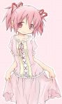  aoki_ume blush casual colored doujin doujinshi dress frills hair_ribbon highres kaname_madoka light_smile mahou_shoujo_madoka_magica pink pink_dress pink_eyes pink_hair polka_dot polka_dot_background ribbon solo sundress twintails 