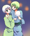  2boys :d cotton_candy green_eyes green_hair grey_eyes hand_on_shoulder happy japanese_clothes kimono meru0810 multiple_boys open_mouth ruca_milda smile spada_belforma tales_of_(series) tales_of_innocence white_hair 