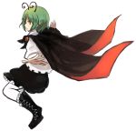  1girl antennae boots brooch cape green_hair highres inazakura00 jewelry open_mouth outstretched_arms short_hair simple_background skirt solo touhou white_background white_legwear wriggle_nightbug yellow_eyes 