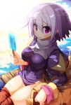  highres kinakomochi large_breasts lavender_hair legs pointy_ears popsicle priest_(ragnarok_online) purple_eyes ragnarok_online short_hair sitting solo thighs violet_eyes 