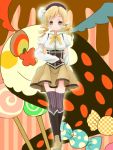  blonde_hair boots breasts candy charlotte_(madoka_magica) corset detached_sleeves drill_hair fingerless_gloves gloves hair_ornament hat highres large_breasts lollipop magical_girl mahou_shoujo_madoka_magica muta muta_(munimuni) pleated_skirt skirt smile swirl_lollipop taut_shirt thigh-highs thighhighs tomoe_mami witch&#039;s_labyrinth witch's_labyrinth yellow_eyes zettai_ryouiki 