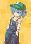  alternate_costume bangs blue_eyes blue_hair blueberry_(5959) blunt_bangs breasts casual cleavage collarbone contemporary expressionless hair_bobbles hair_ornament hands_in_pockets hat highres jewelry kawashiro_nitori key overalls pendant solo suspenders touhou twintails 