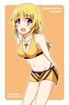  :d arms_behind_back asaeda_itsuki bikini bikini_skirt blonde_hair blush breasts charlotte_dunois cleavage collarbone halter_top halterneck infinite_stratos jewelry leaning_forward long_hair navel necklace open_mouth pendant ponytail purple_eyes smile solo swimsuit title_drop violet_eyes 
