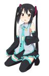  black_hair blush brown_eyes cosplay detached_sleeves fang hatsune_miku hatsune_miku_(cosplay) ixy k-on! kneeling long_hair nakano_azusa necktie simple_background solo thigh-highs thighhighs twintails vocaloid zettai_ryouiki 