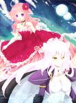  ahoge animal_ears bare_shoulders braid breasts cape cat_ears cleavage cloud clouds dog_days dog_ears dress flower goma_(11zihisin) hair_flower hair_ornament leonmitchelli_galette_des_rois long_hair millhiore_f_biscotti multiple_girls pink_hair planet purple_eyes red_dress sky violet_eyes white_hair yellow_eyes 