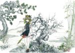  bamboo dkirt flower green_hair hat nayuko pine_tree rod_of_remorse shikieiki_yamaxanadu short_hair skirt smile solo standing touhou traditional_media tree 