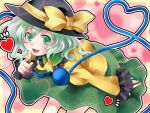  blush bow eyeball finger_to_mouth green_eyes green_hair hat heart heart_of_string komeiji_koishi open_mouth oyuki short_hair skirt smile solo third_eye touhou 