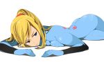  ass bad_id blonde_hair blue_eyes breast_press breasts latex metroid on_stomach ponytail samus_aran skin_tight solo thighs zero_suit 