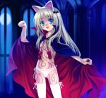  1girl aqua_eyes blonde_hair bodypaint cape cat_ears cat_pose cosplay fang flat_chest hair_ornament hairclip hazuki hazuki_(cosplay) hazuki_(tsukuyomi) highres little_busters!! long_hair markings moon mutsuki_(moonknives) navel night noumi_kudryavka panties paw_pose silver_hair solo tattoo thigh-highs thighhighs tsukuyomi_moonphase underwear window 
