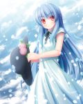  akashio_(loli_ace) alternate_costume blue_hair dress food fruit hat hat_removed headwear_removed hinanawi_tenshi long_hair peach red_eyes smile solo touhou very_long_hair 
