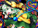  blush bow eyeball fang finger_to_mouth green_eyes green_hair hat heart heart_of_string komeiji_koishi open_mouth oyuki short_hair skirt smile solo third_eye tongue touhou 