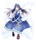  :d black_hair bow brown_eyes embellished_costume frills hair_bow highres light_particles long_hair mikazuki_sara open_mouth pointing smile solo star star_sapphire touhou 