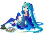  arm_support boots detached_sleeves eating food green_eyes green_hair hatsune_miku highres long_hair mouth_hold sitting skirt solo tea temari_(artist) temari_(deae) thigh-highs thigh_boots thighhighs twintails very_long_hair vocaloid 