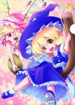  aozora_market blonde_hair broom broom_riding dress fangs flandre_scarlet hat kirisame_marisa mary_janes multiple_girls red_eyes shoes sitting slit_pupils star touhou wings witch witch_hat yellow_eyes 