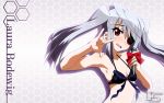  1920x1200 \m/ armpits bikini bikini_top eyepatch front-tie_top highres infinite_stratos laura_bodewig long_hair macross macross_frontier microphone red_eyes seikan_hikou silver_hair solo swimsuit tamago_(ching) twintails wallpaper 