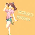  1girl brown_eyes brown_hair character_name doughnut idolmaster idolmaster_cinderella_girls ninjin_(hanamushiro) ponytail shiina_noriko short_sleeves solo star tongue wink yellow_background 