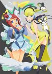  2girls blonde_hair blue_eyes breasts cleavage detached_sleeves dress emolga fuuro_(pokemon) hair_ornament hand_holding headphones holding_hands kamitsure_(pokemon) magyo multiple_girls open-back_dress pokemon pokemon_(creature) pokemon_(game) pokemon_black_and_white pokemon_bw red_hair redhead side_slit swanna thigh-highs thighhighs 
