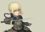  armor blonde_hair fate/stay_night fate_(series) foreshortening green_eyes looking_at_viewer saber short_hair simple_background solo sword tommy_(ha_kka) weapon 