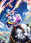  blue_hair boots clouds cross-laced_footwear dress dutch_angle fire food fruit grin hat hat_removed headwear_removed hinanawi_tenshi keystone kitano_tomotoshi lace-up_boots long_hair peach red_eyes rock shide shimenawa sky solo standing sword sword_of_hisou tassel touhou weapon yellow_eyes 