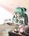  apple_inc. chair detached_sleeves digital_media_player green_eyes green_hair hand_on_headphones hatsune_miku headphones highres iphone long_hair nail_polish necktie office_chair phone shinohara_shinome sitting smile solo vocaloid 