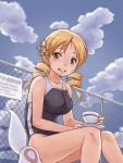  blue_sky blush breasts cloud clouds competition_swimsuit cup drill_hair face fence kyubey large_breasts mahou_shoujo_madoka_magica one-piece_swimsuit saucer sitting sky smile swimsuit teacup tomoe_mami twin_drills wet yellow_eyes yoshikawa_kazunori 
