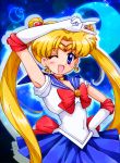  :d armpits bishoujo_senshi_sailor_moon blonde_hair blue_eyes bow brooch choker crescent_moon double_bun earrings elbow_gloves gloves hair_ornament hairpin hand_on_hip happy hips jewelry long_hair magical_girl moon open_mouth pleated_skirt ribbon sailor_collar sailor_moon skirt smile solo tiara tsukino_usagi twintails v white_gloves wink zipang 