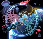  boots bubble cross-laced_footwear detached_sleeves fish hatsune_miku headphones highres jellyfish lace-up_boots long_hair megurine_luka pink_hair planet rotational_symmetry space thigh_boots thighhighs very_long_hair vocaloid yukimeg 