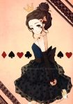  blue_eyes bow bracelet brown_hair card clubs copyright_request crown diamond dress elbow_gloves gloves hair_ornament heart holding holding_card jewelry joanna_(mojo!) lace necklace pearl playing_card_theme ribbon smile solo spade traditional_media watermark 