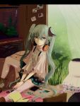  bad_anatomy casual fish_tank green_eyes green_hair hatsune_miku headphones headphones_around_neck indoors lamp letter letterboxed long_hair mattie notebook pen photo_(object) sitting thigh-highs thighhighs twin_drills vocaloid 